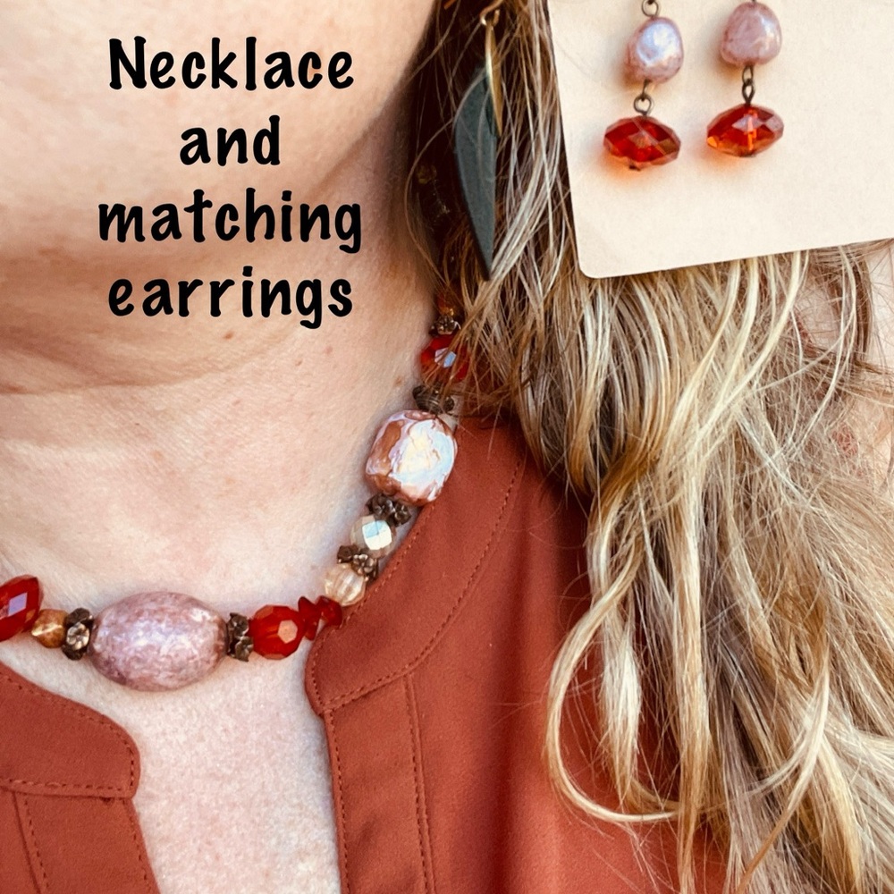 Elegant Red and Pink Necklace and Earrings Set